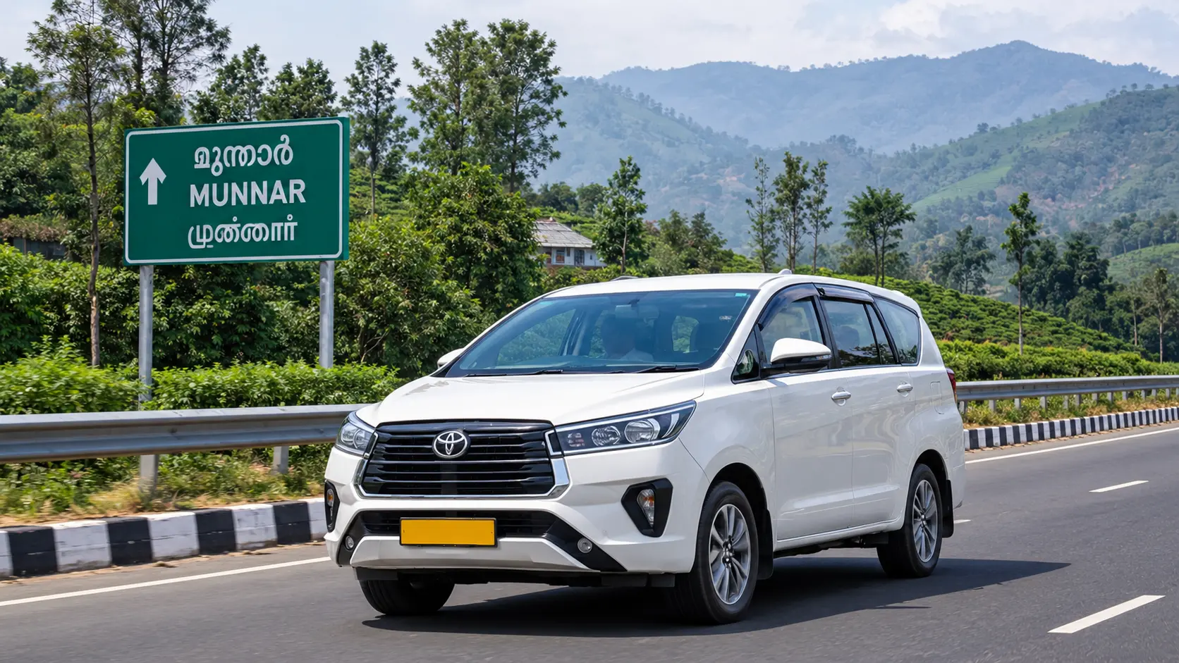 Bangalore to Munnar Taxi Route White outstation taxi travelling towards Munnar on a South Indian highway, with a Munnar direction sign