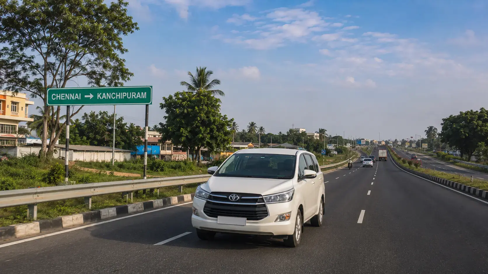 Chennai to Kanchipuram Taxi Route White taxi travelling on the Chennai to Kanchipuram route with a highway signboard
