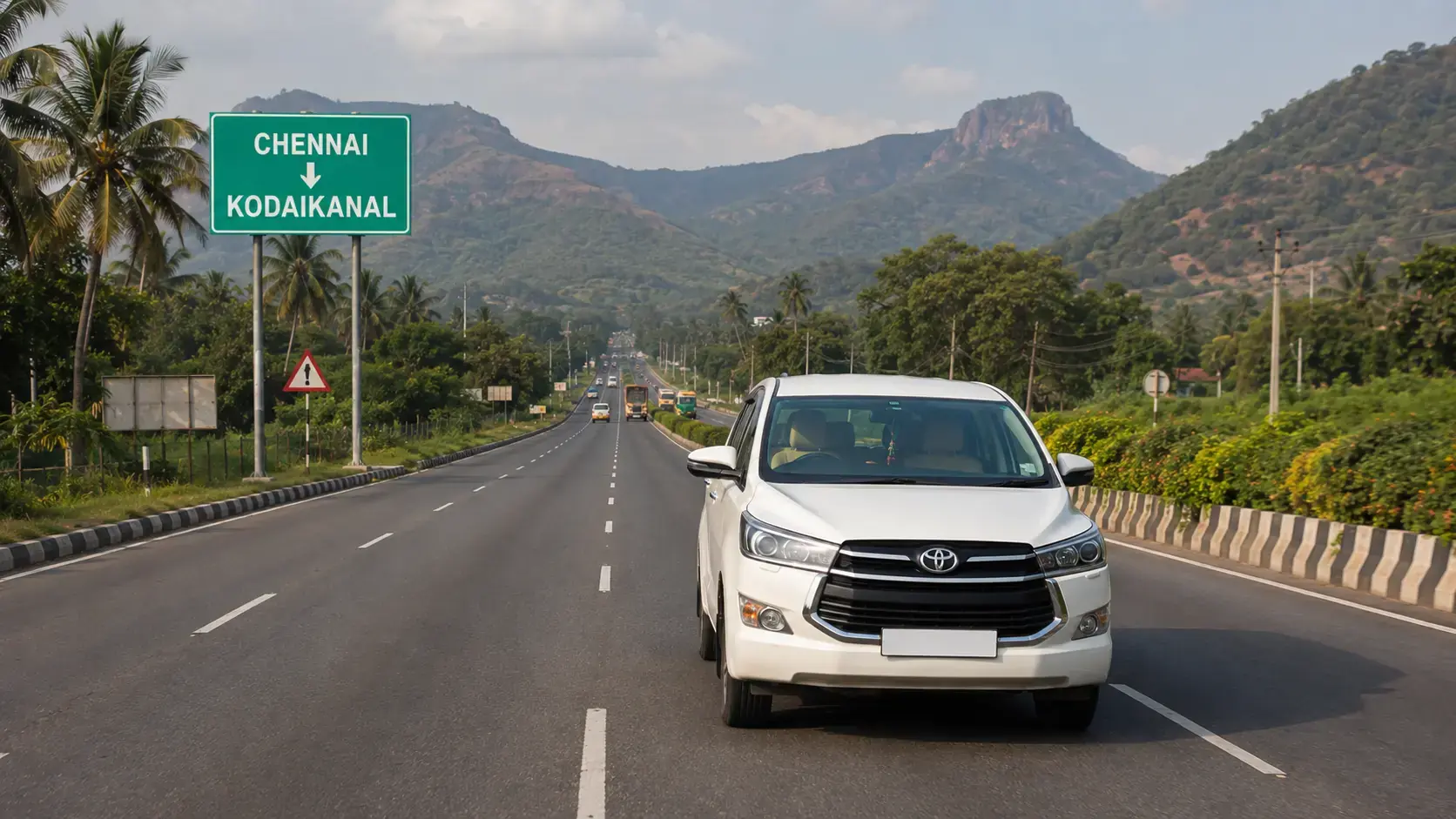 White taxi travelling on the Chennai to Kodaikanal route toward the Kodaikanal hill region