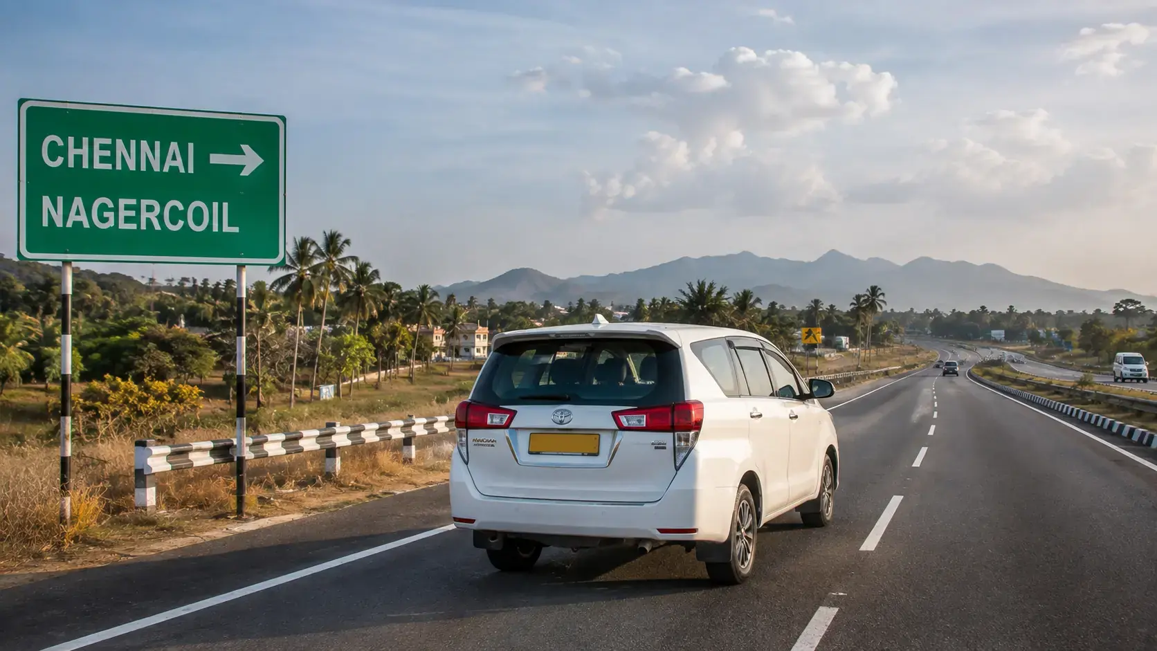 Chennai to Nagercoil Taxi Route Chennai to Nagercoil taxi travelling on a Tamil Nadu highway