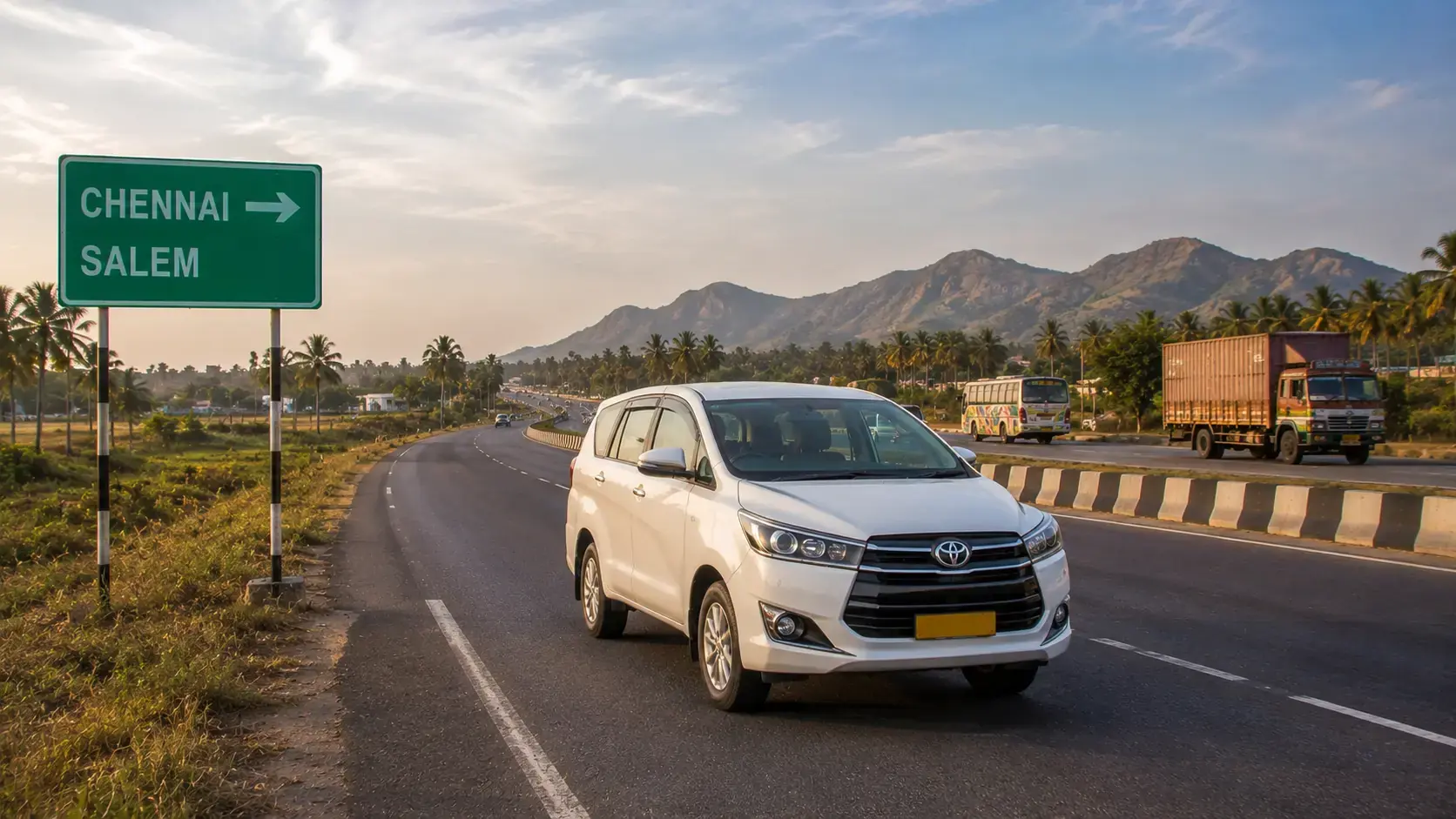 Chennai to Salem Taxi Route White Chennai to Salem taxi travelling on a Tamil Nadu bypass highway