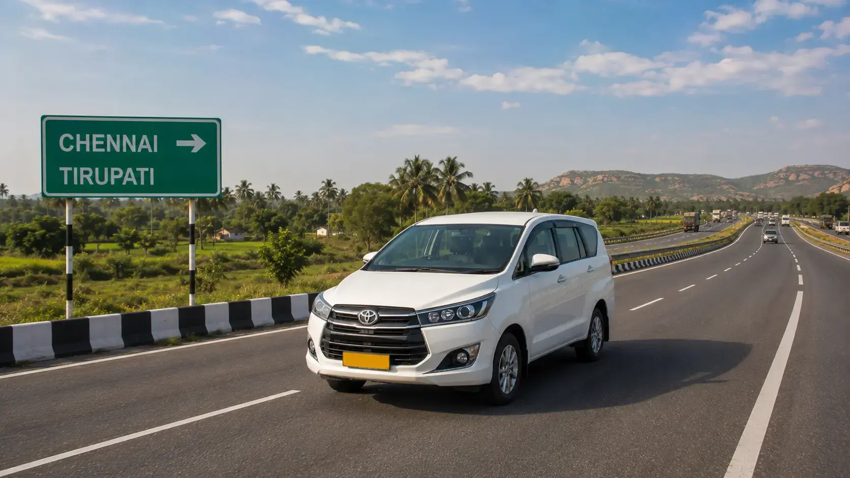 Chennai to Tirupati Taxi Route White Chennai to Tirupati taxi travelling on a South Indian bypass highway