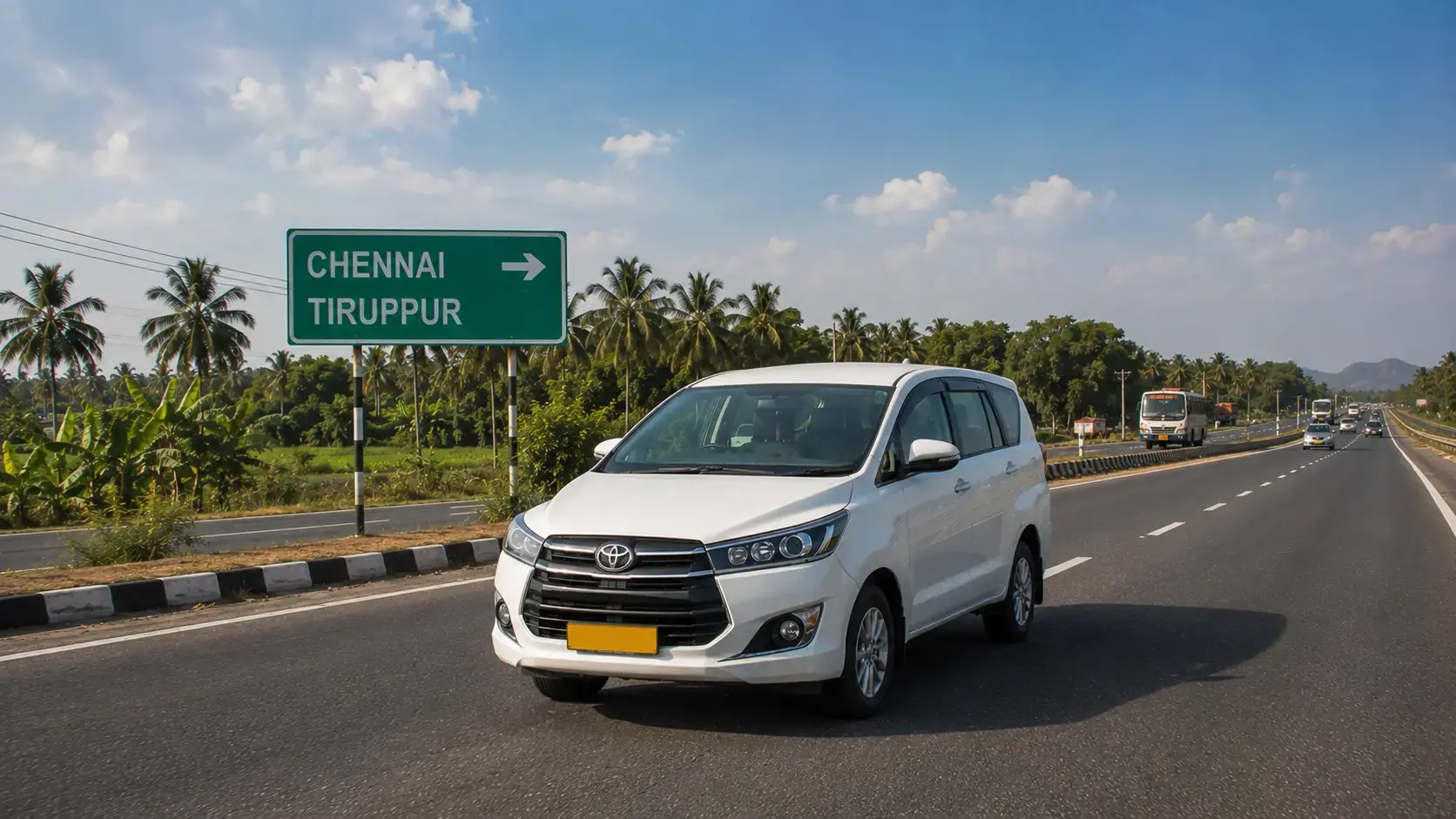 Chennai to Tiruppur Taxi Route White Chennai to Tiruppur taxi travelling on a South Indian bypass highway