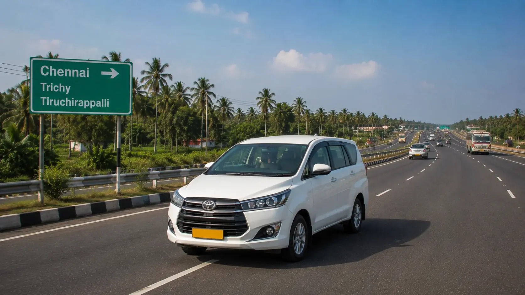 White Chennai to Trichy taxi travelling on a Tamil Nadu highway
