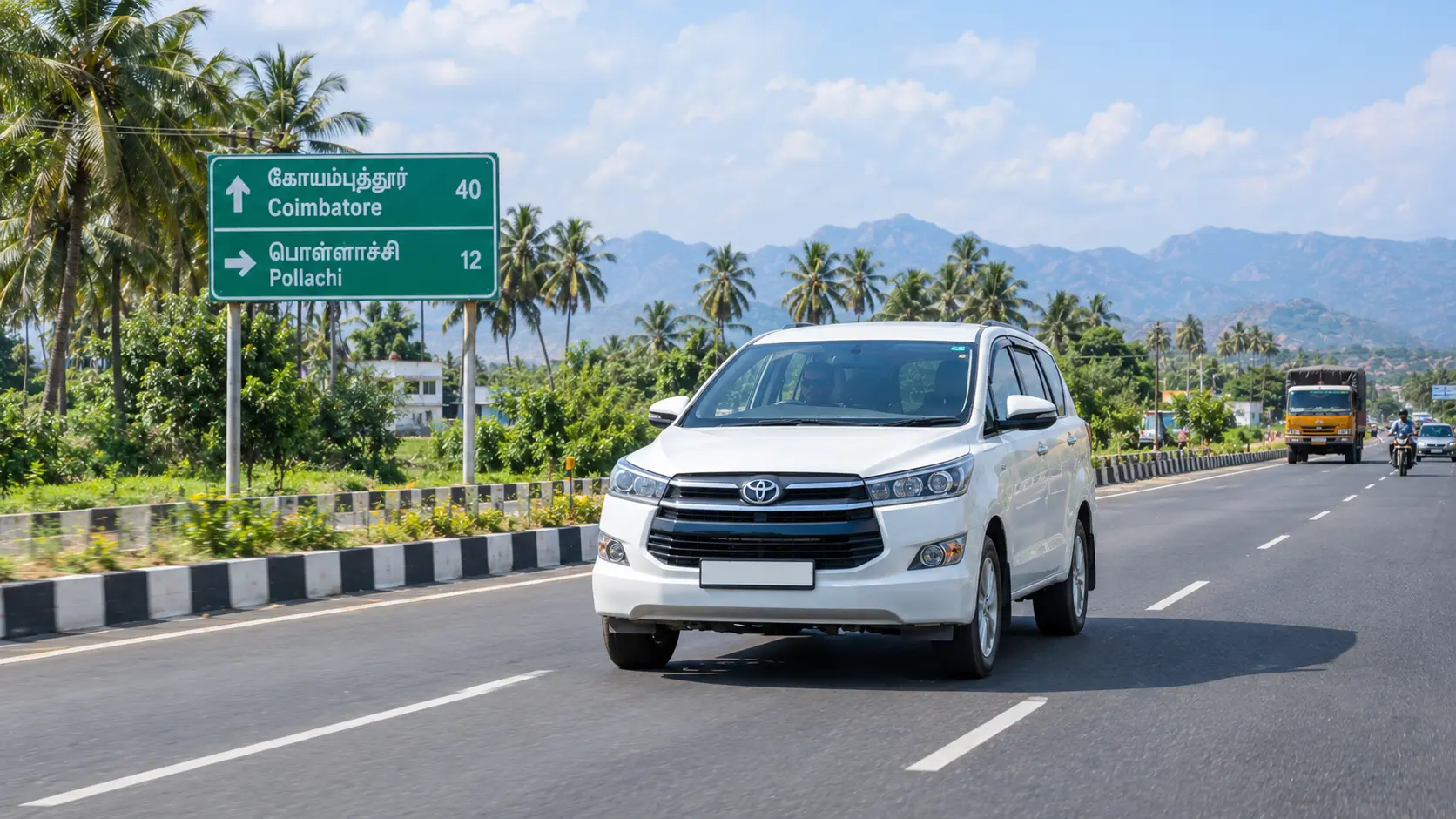 Coimbatore to Pollachi Taxi Route White outstation taxi on the Coimbatore to Pollachi highway, with a bilingual road sign showing Coimbatore and Pollachi