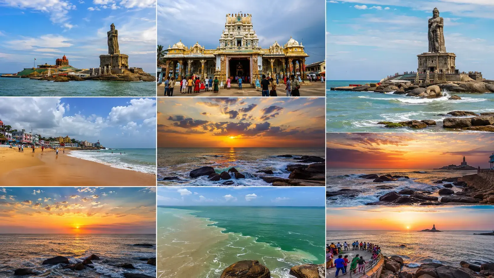 Popular tourist attractions in Kanyakumari including Vivekananda Rock Memorial