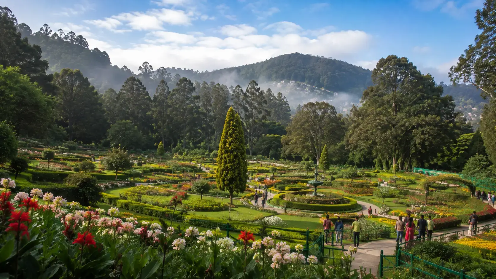 Ooty Botanical Garden and Nilgiri hill landscape in Tamil Nadu