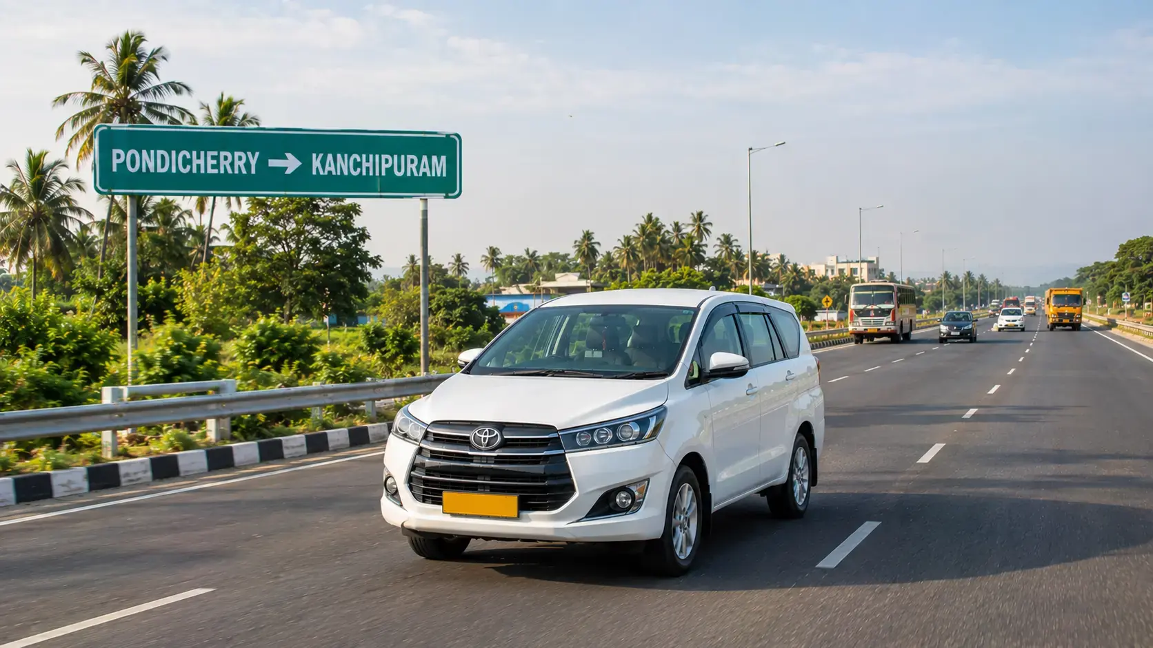 Pondicherry to Kanchipuram Taxi White taxi travelling from Pondicherry to Kanchipuram on a South Indian highway