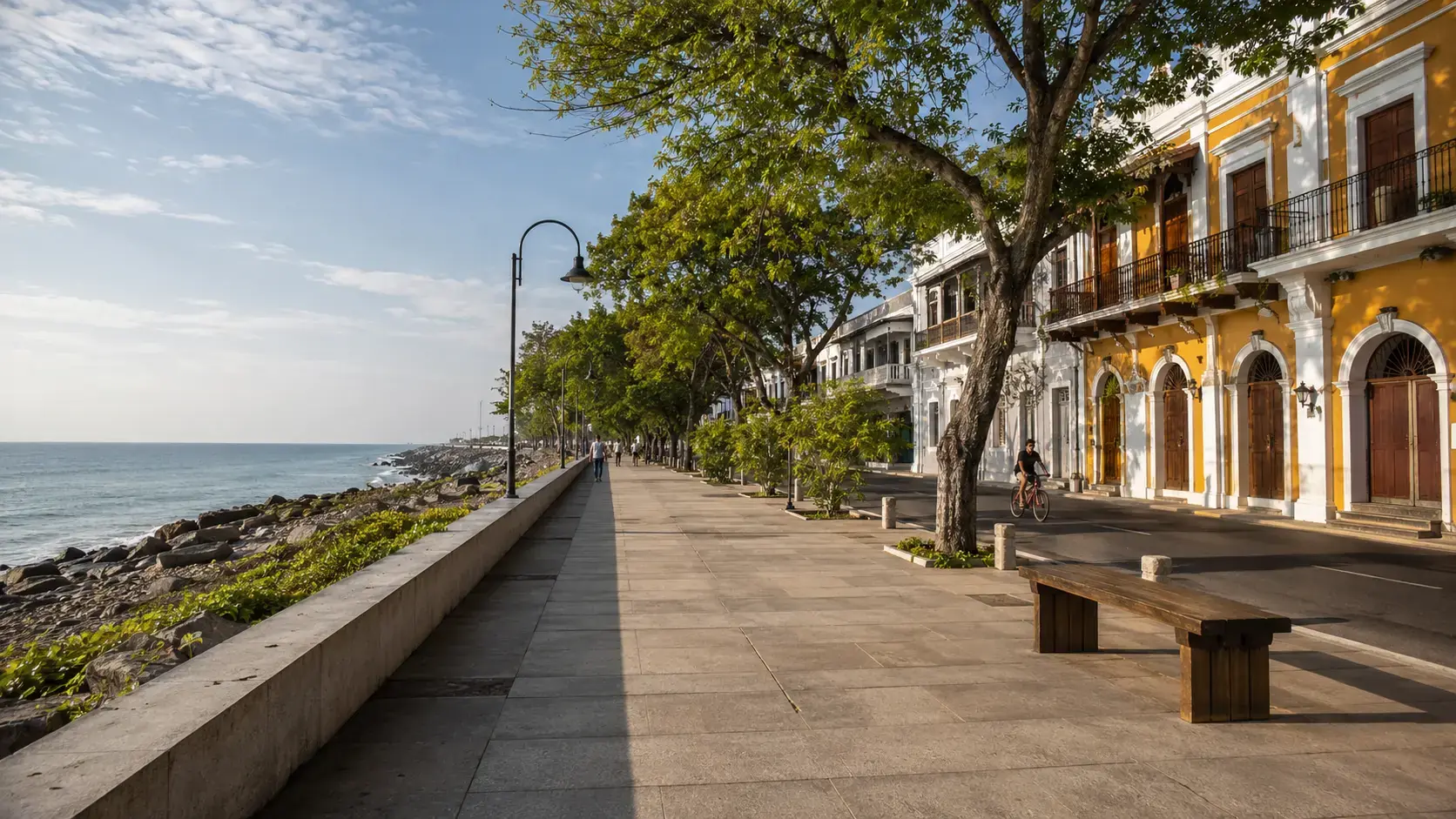 White Town, Pondicherry Promenade Beach and French colonial architecture in Pondicherry
